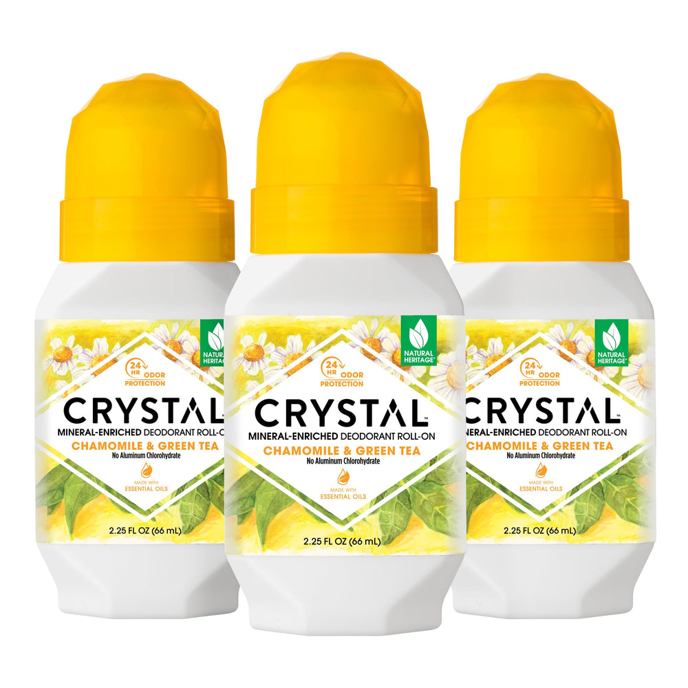 Crystal Essence mineral deodorant roll-on bottle with aluminum-free protection for all-day odor control.