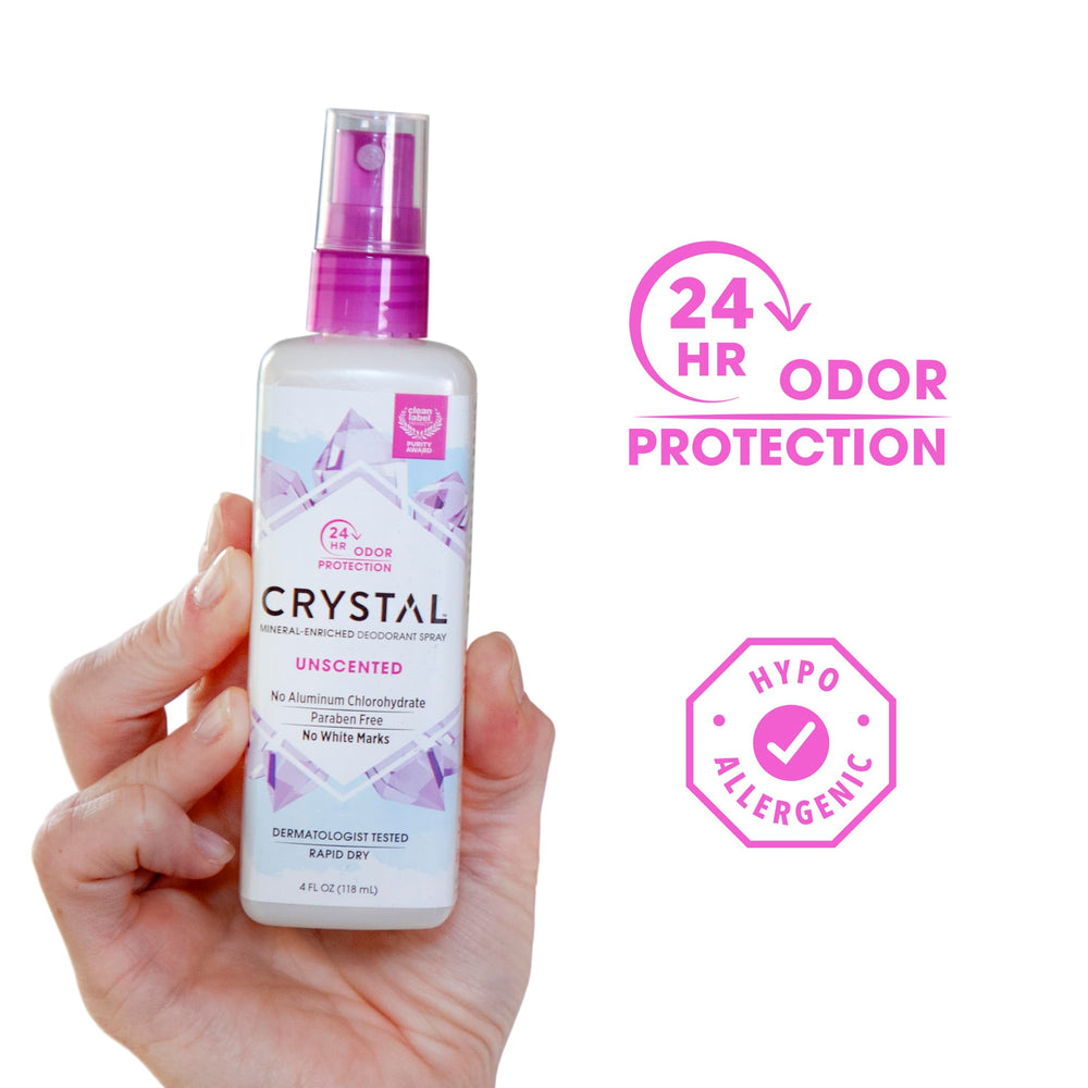 Crystal Essence desodorante mineral en spray, aplicación de 2-4 pulsos para axilas.