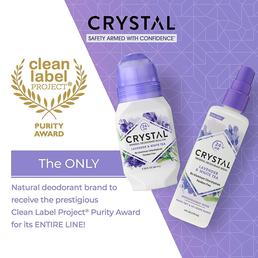 Crystal Essence desodorante mineral roll-on aroma floral suave, ideal para uso diario.