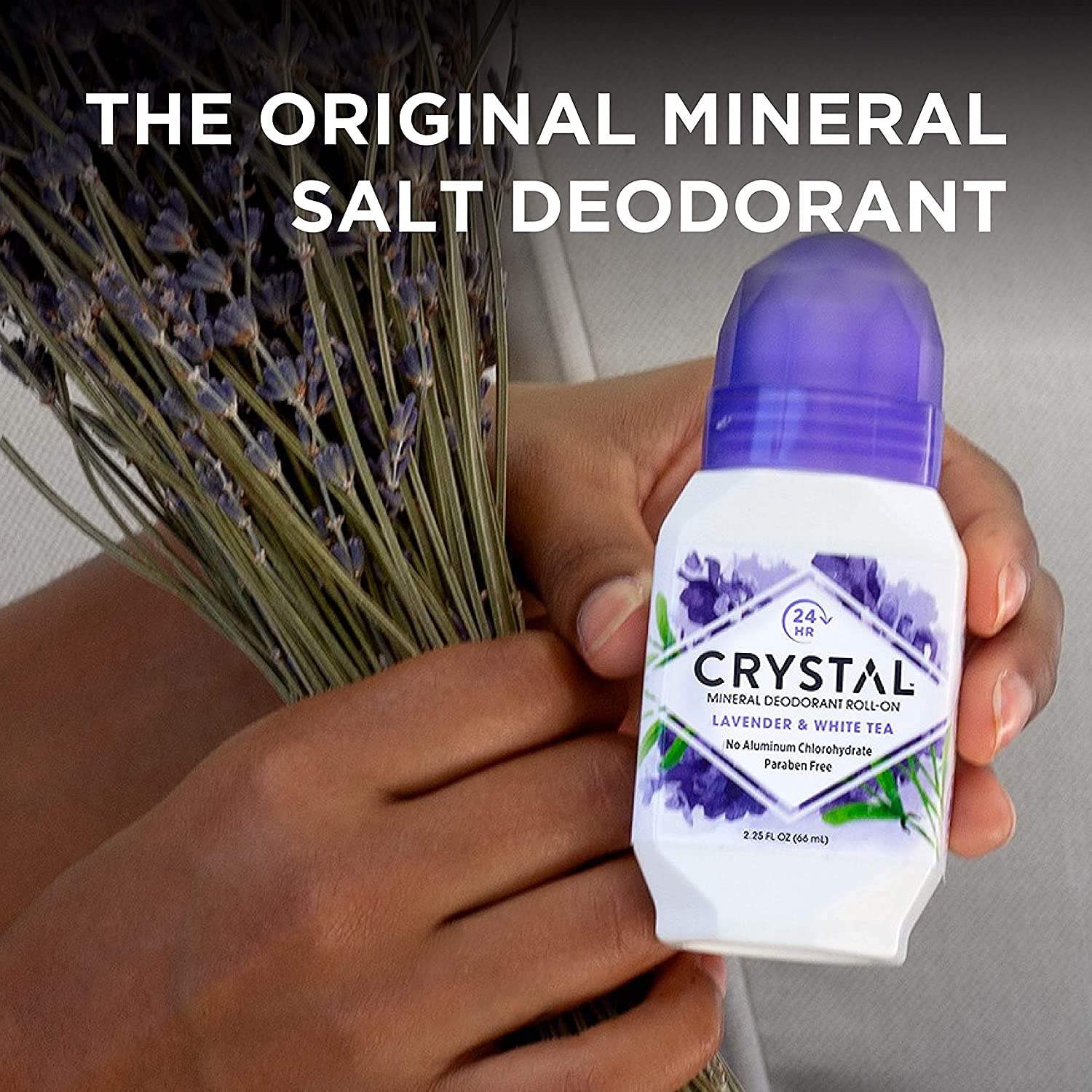 Crystal Essence desodorante mineral roll-on caja de presentación, embalaje práctico para regalo o almacenamiento.