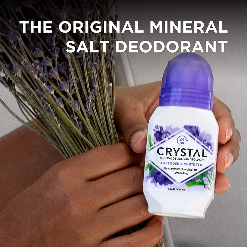 Crystal Essence desodorante mineral roll-on caja de presentación, embalaje práctico para regalo o almacenamiento.