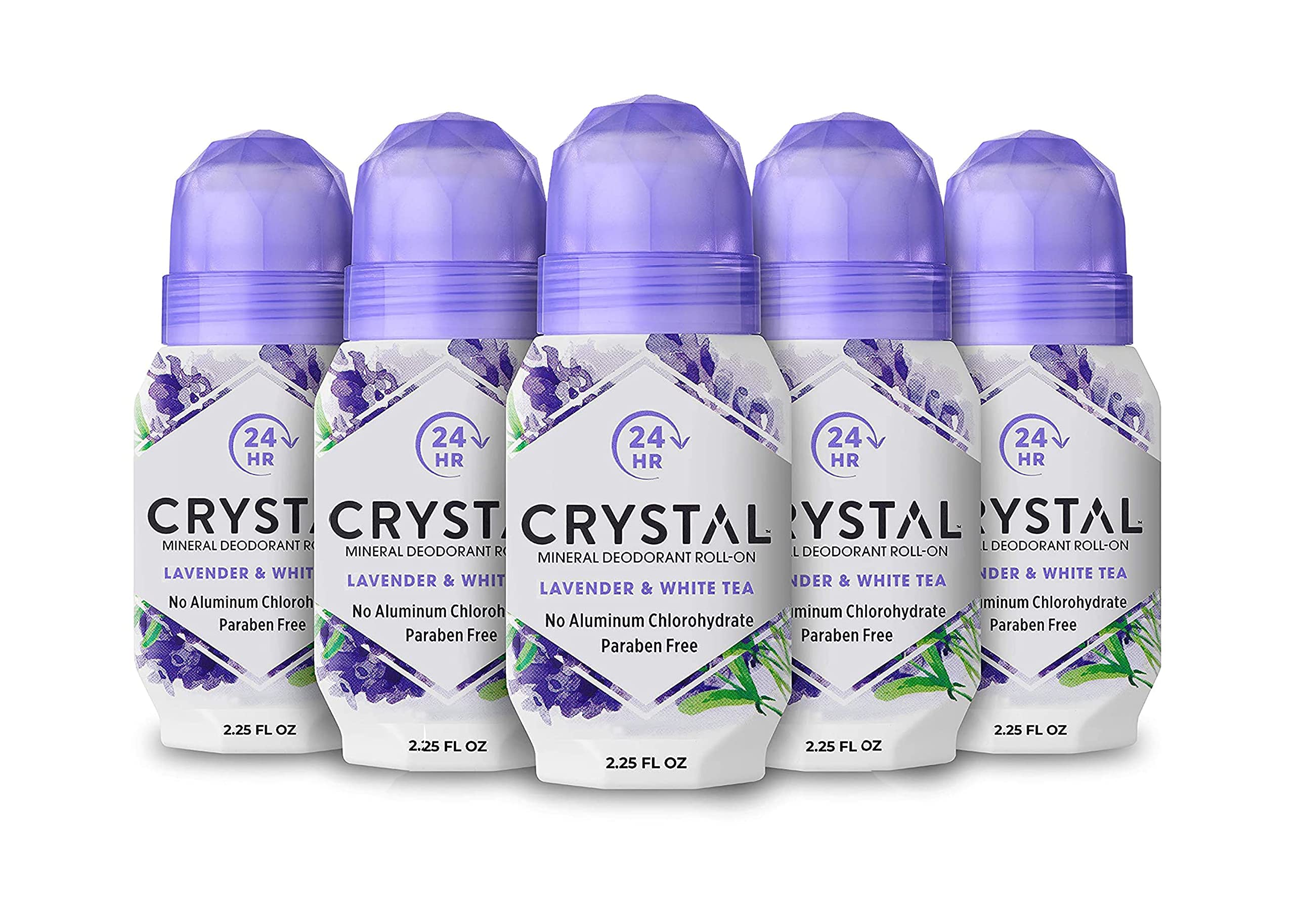 Crystal Essence desodorante mineral roll-on lavanda y té blanco en botella, aroma relajante para diario.