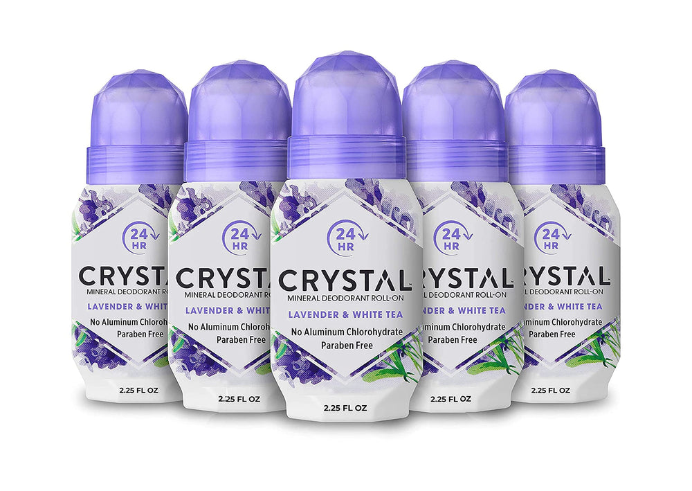 Crystal Essence desodorante mineral roll-on lavanda y té blanco en botella, aroma relajante para diario.