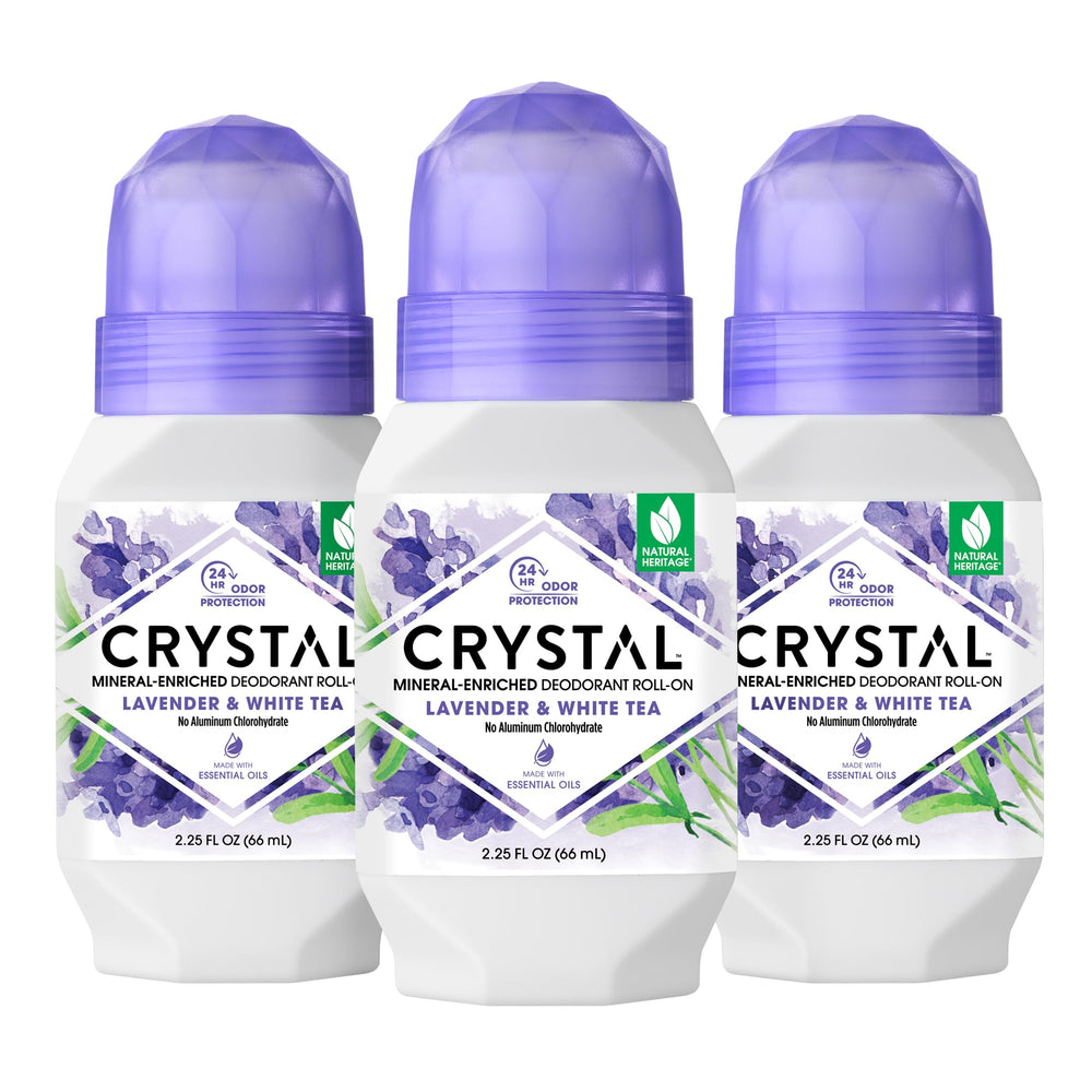 Crystal Essence desodorante mineral lavanda y té blanco, sensación fresca diaria.