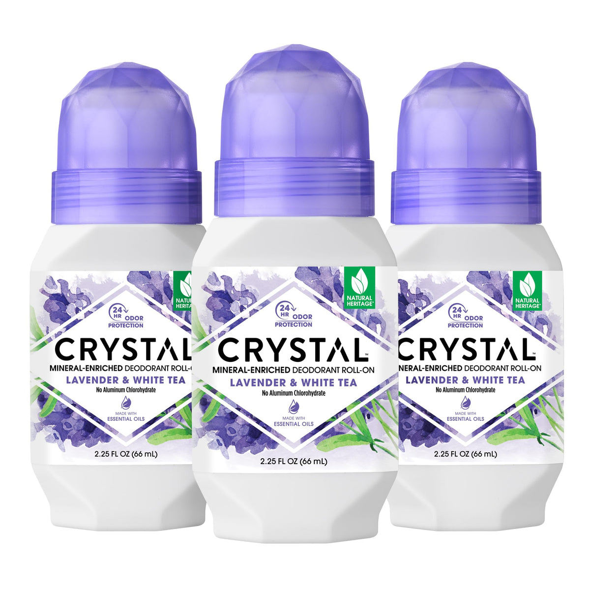 Crystal Essence desodorante mineral lavanda y té blanco, sensación fresca diaria.