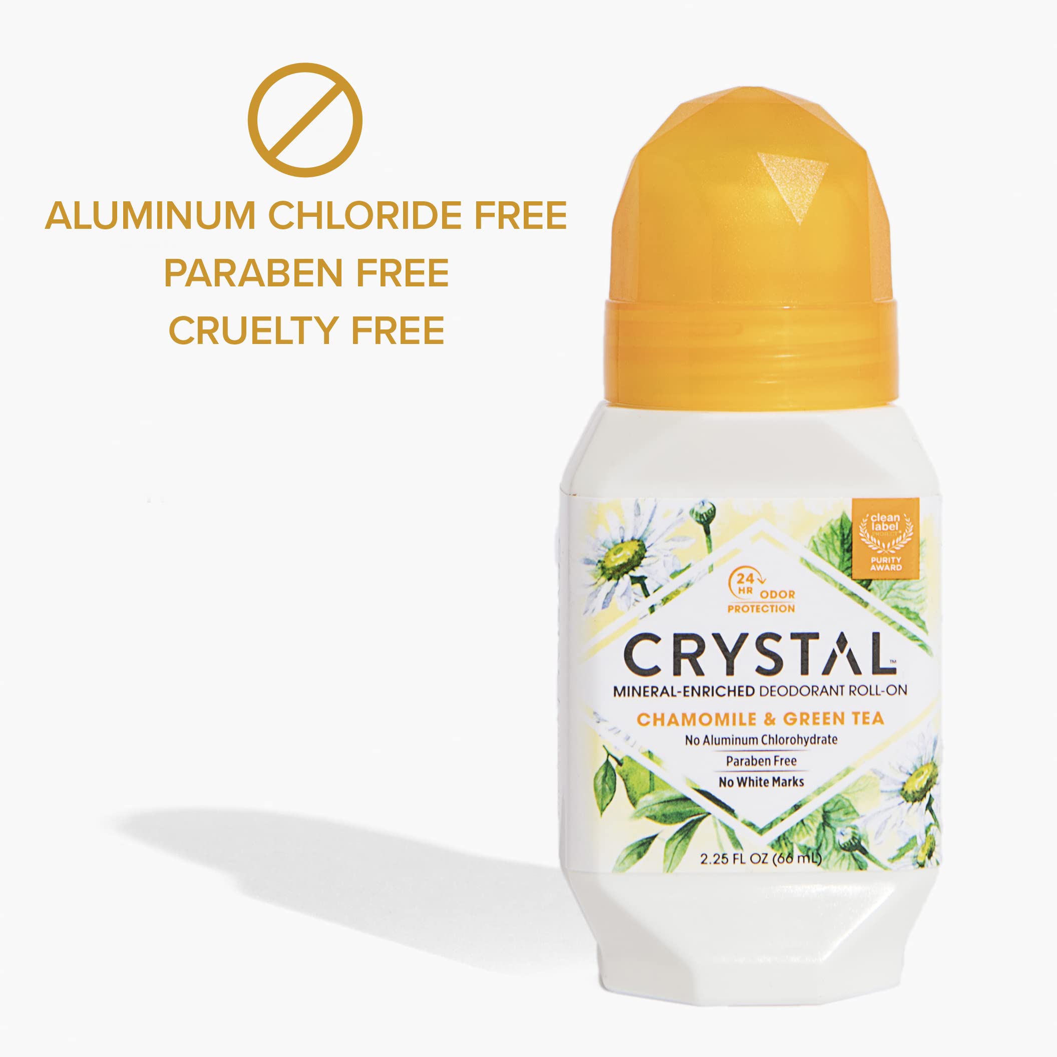 Roll-on bottle emphasizes aluminum-free, vegan formula with clear labeling.