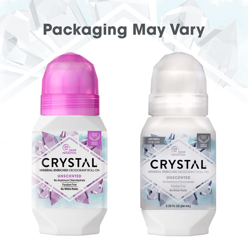 Crystal Essence Lavender & White Tea roll-on bottle closeup highlights mineral formula and streak-free use