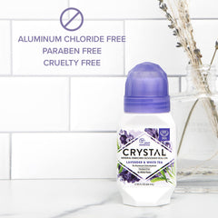 Crystal Essence mineral deodorant roll-on close-up label highlights aluminum-free formula