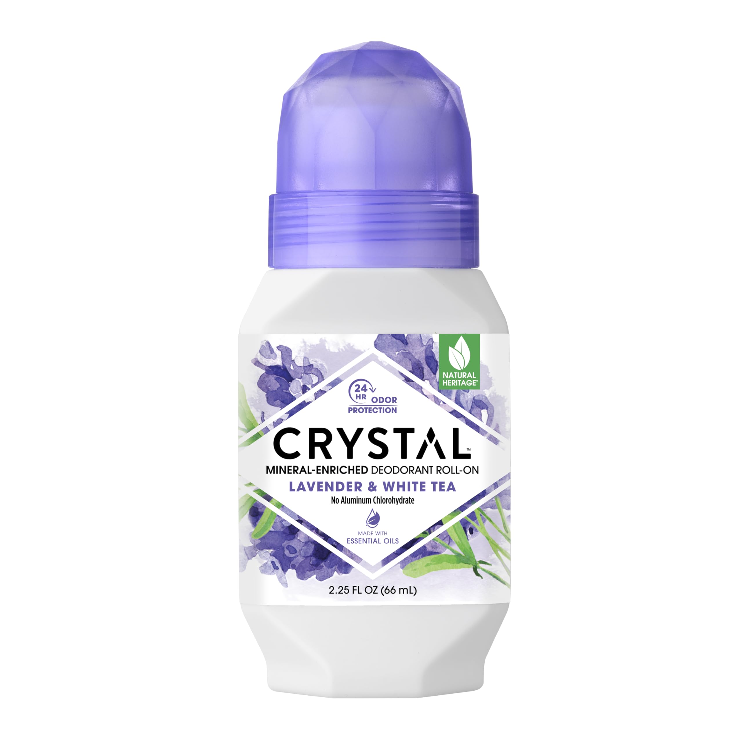 Crystal Essence mineral deodorant roll-on lavender bottle shows scent for daily odor control