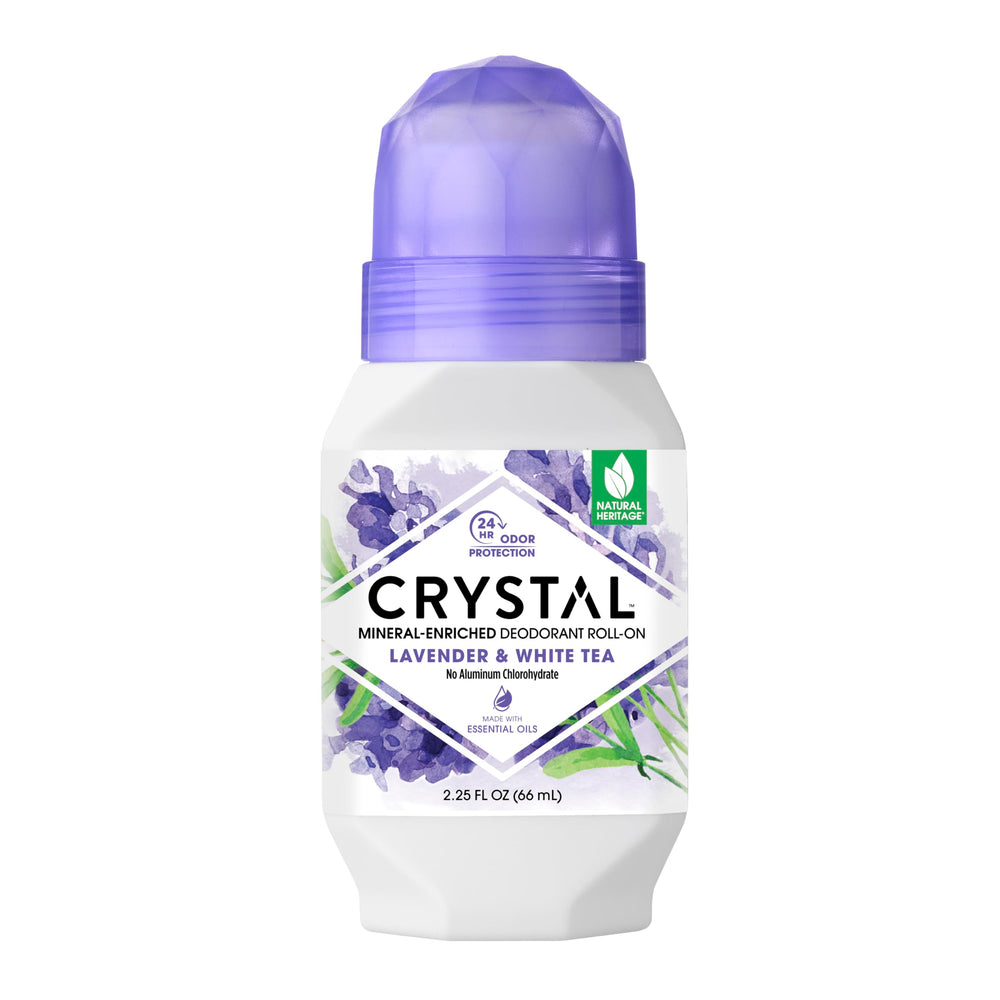 Crystal Essence mineral deodorant roll-on lavender bottle shows scent for daily odor control