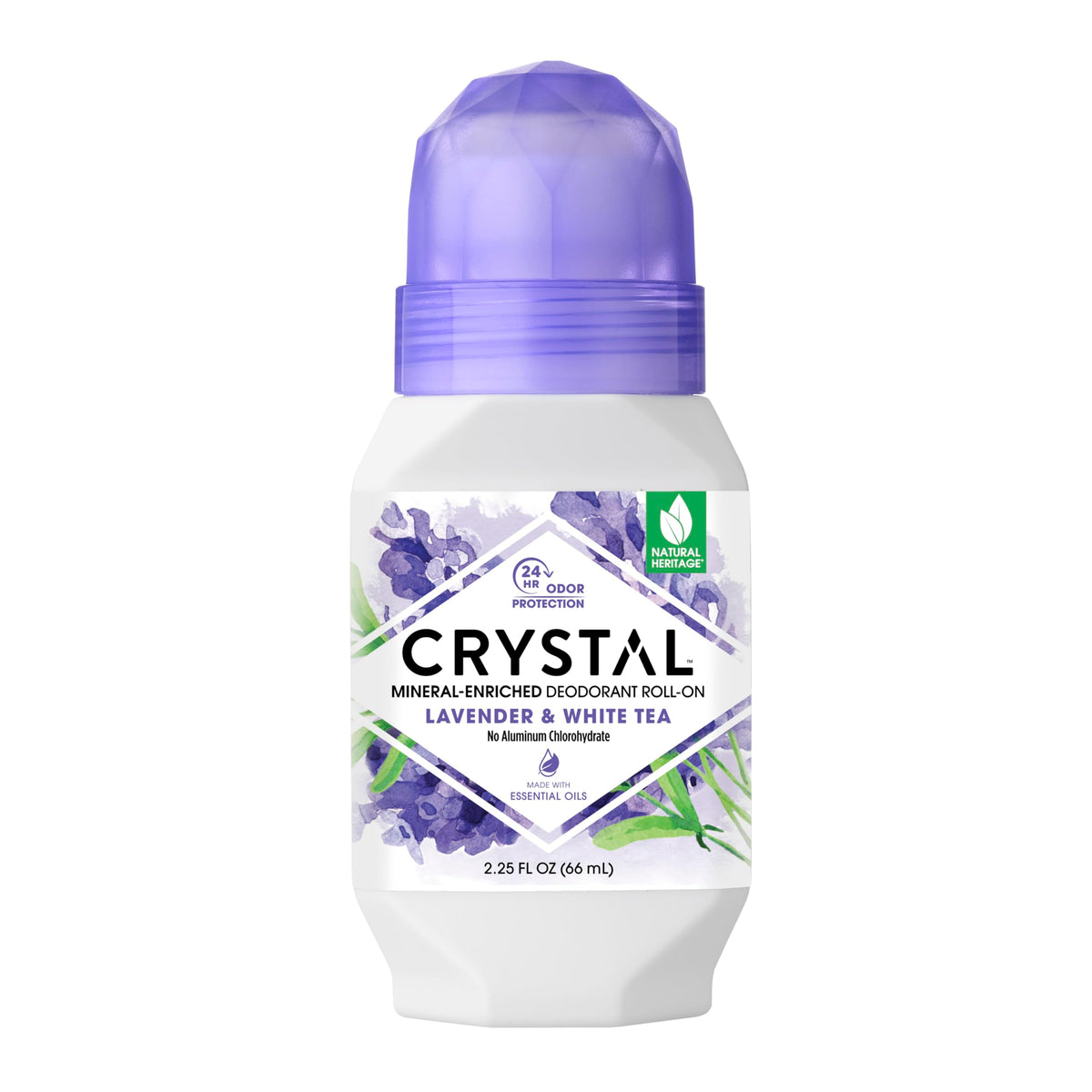 Crystal Essence mineral deodorant roll-on lavender bottle shows scent for daily odor control