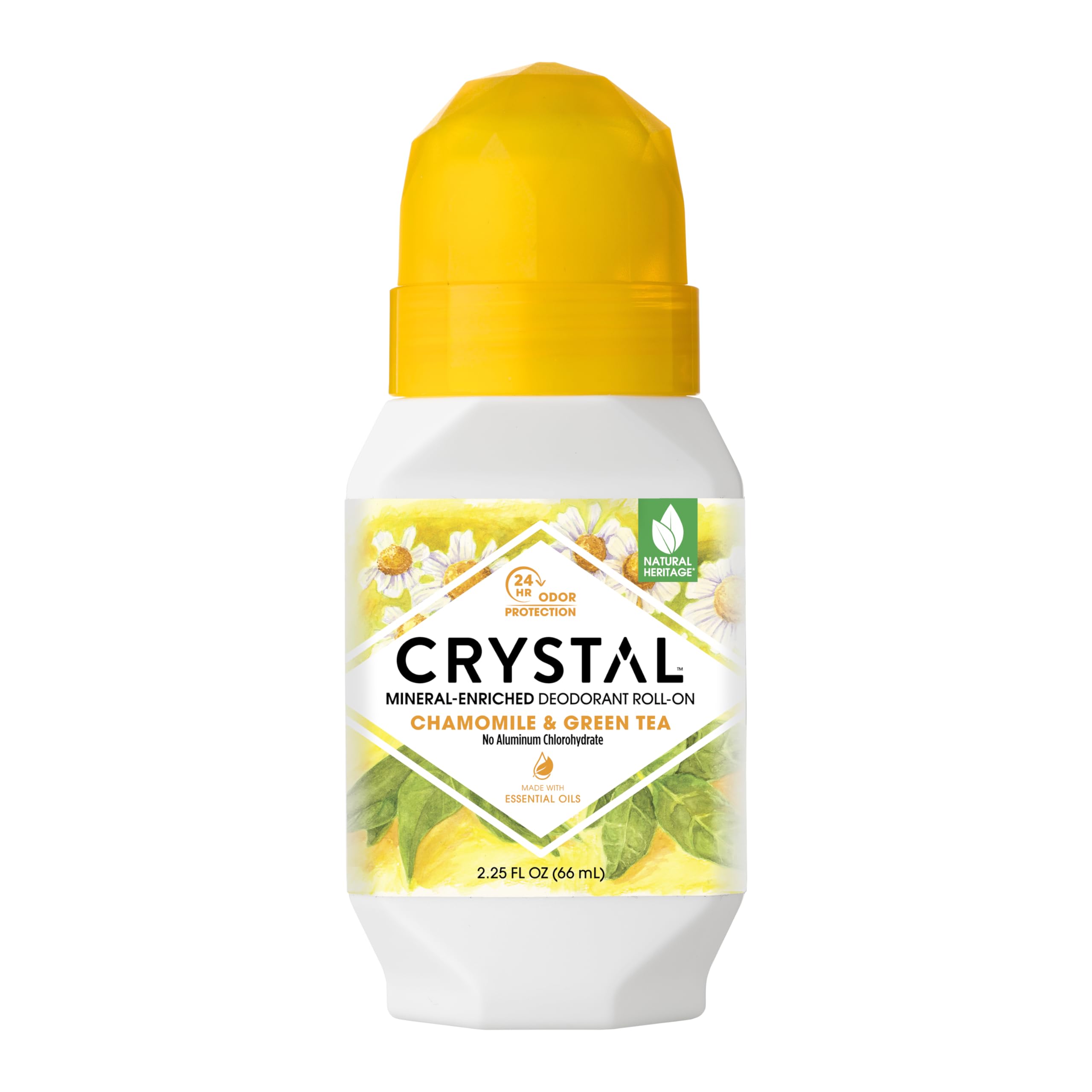 Crystal Essence mineral roll-on bottle shows chamomile and green tea scent for all-day odor control.