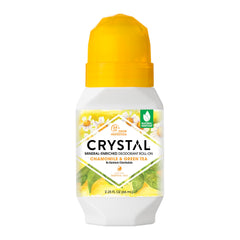 Crystal Essence mineral roll-on bottle shows chamomile and green tea scent for all-day odor control.