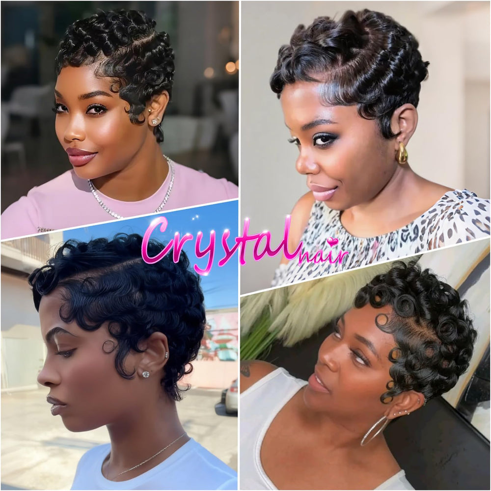 CRYSTALHAIR model wearing short curly pixie wig displaying versatile everyday styling