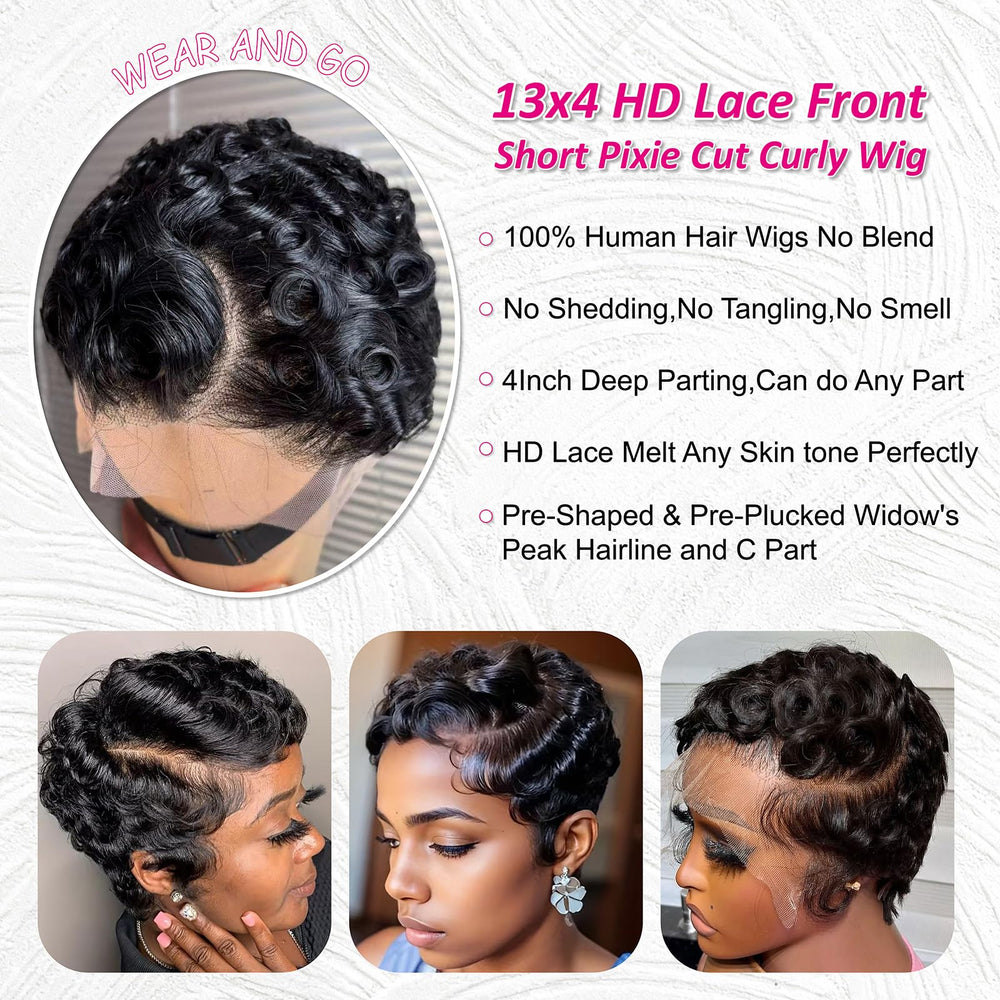 CRYSTALHAIR short curly pixie wig side view showing layered texture blending with natural hair