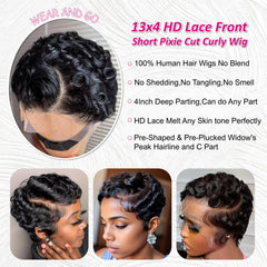CRYSTALHAIR short curly pixie wig side view showing layered texture blending with natural hair
