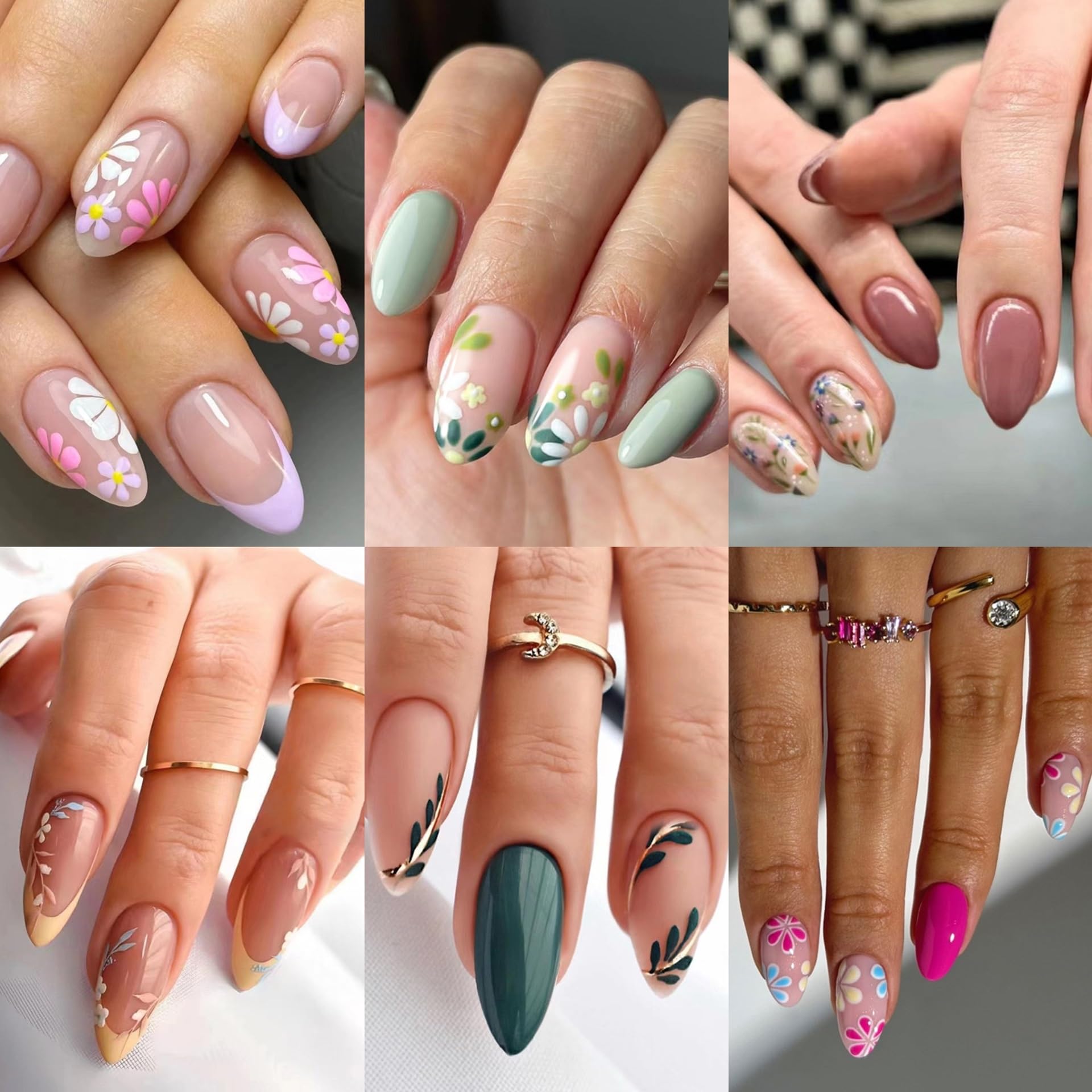 CTTHNBD uñas adhesivas en almendra con flores, estilo rápido y duradero.