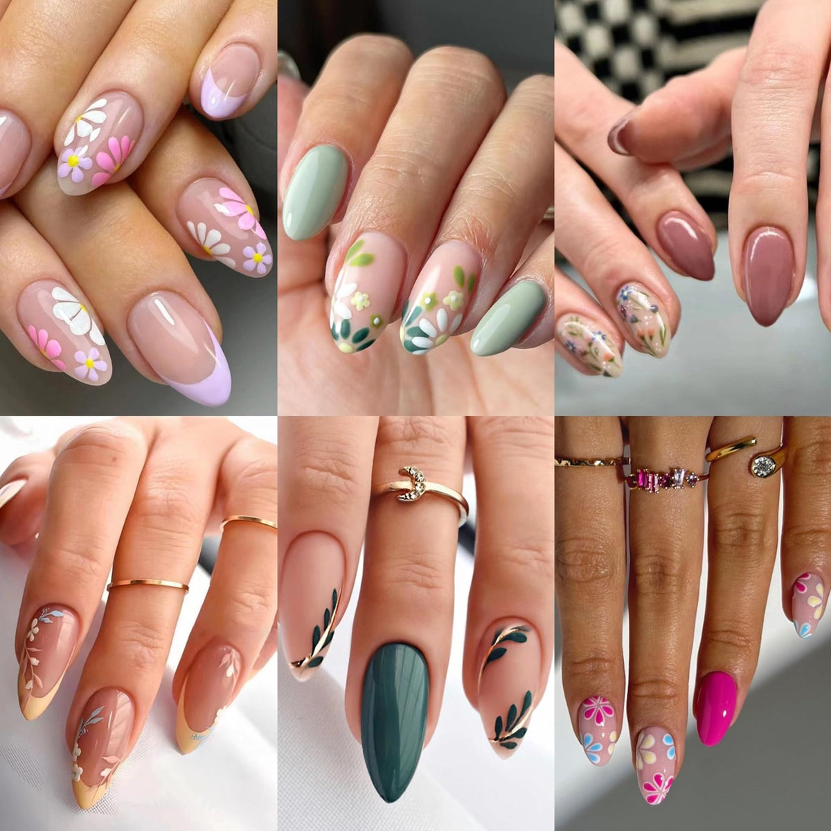CTTHNBD uñas adhesivas en almendra con flores, estilo rápido y duradero.