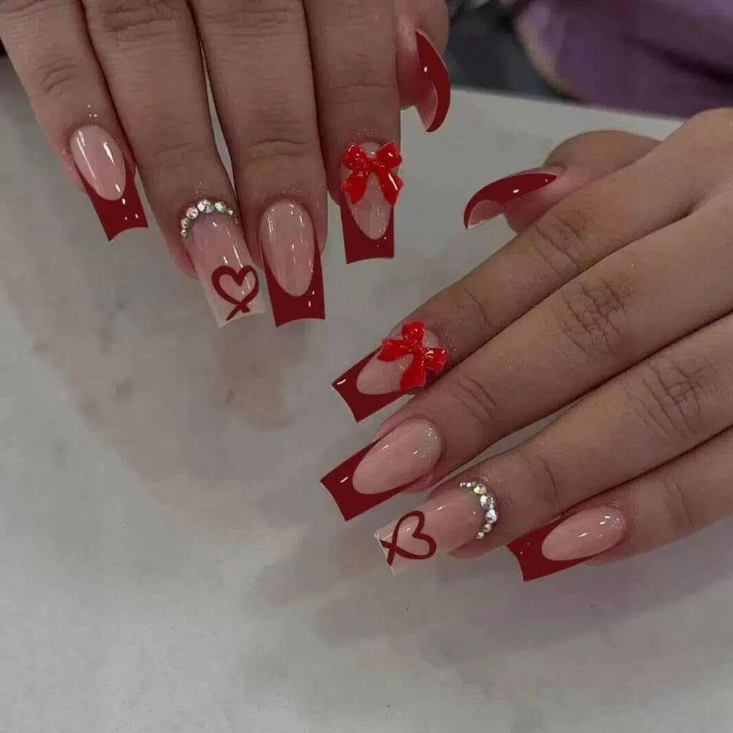 CTTHNBD medium coffin nails with red French tip and bow heart design for chic nails
