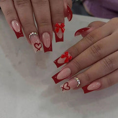 CTTHNBD medium coffin nails with red French tip and bow heart design for chic nails