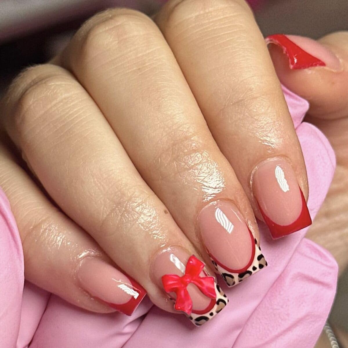 CTTHNBD red press-on nails in short square shape with leopard print for quick chic manicure