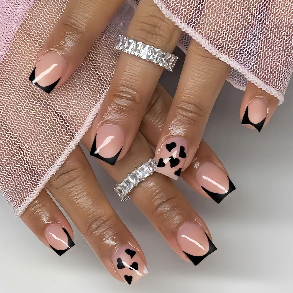 CTTHNBD short press on nails square with black French tip and heart design for at-home chic.