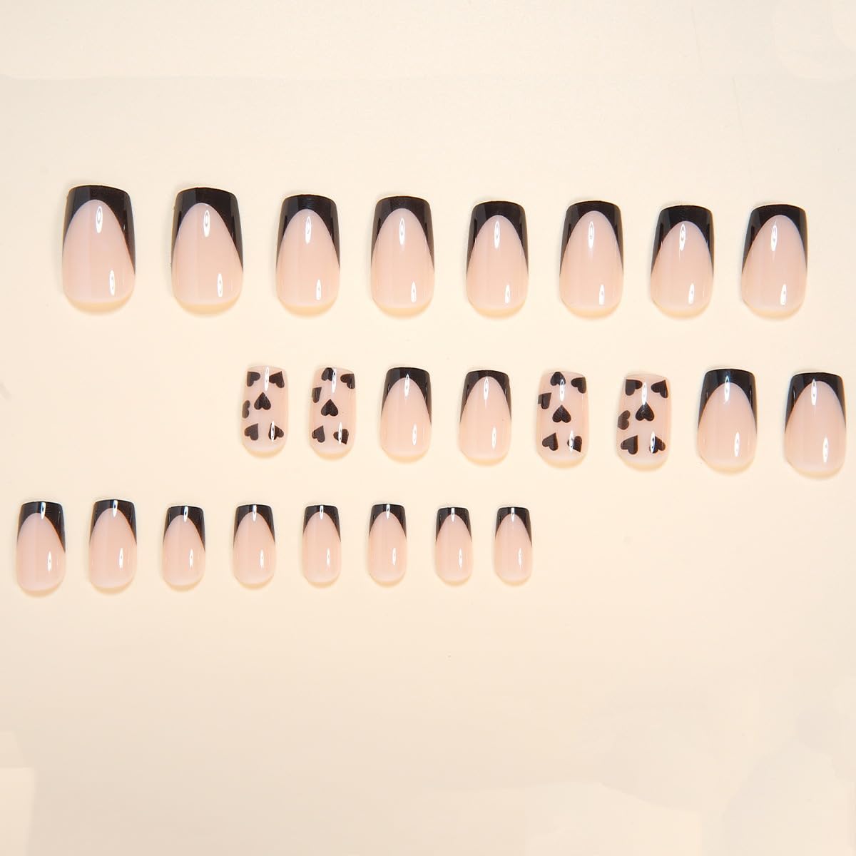 CTTHNBD short press-on nails square with black French tip and heart design for quick manicures.