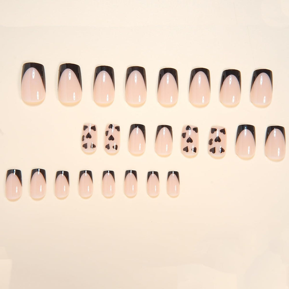 CTTHNBD short press-on nails square with black French tip and heart design for quick manicures.