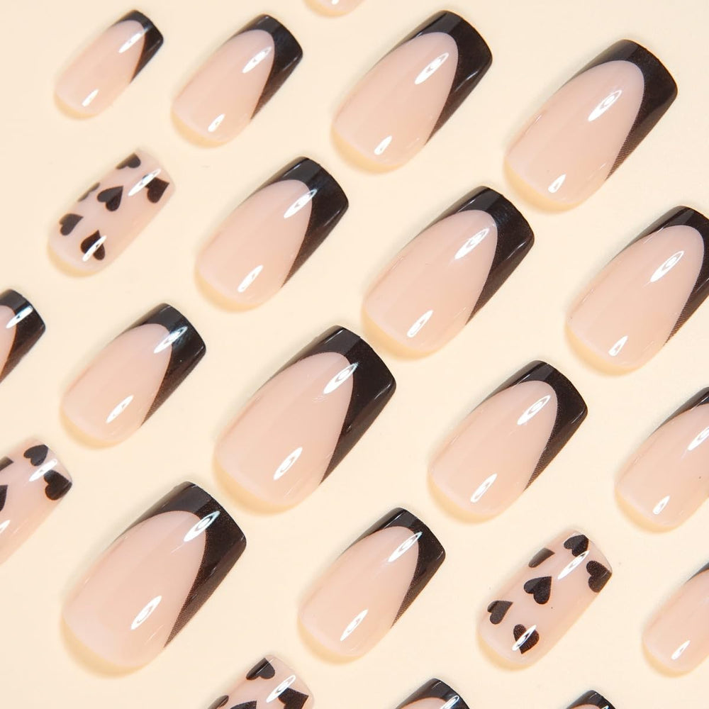 CTTHNBD square nails with black French tips and heart design for elegant events.