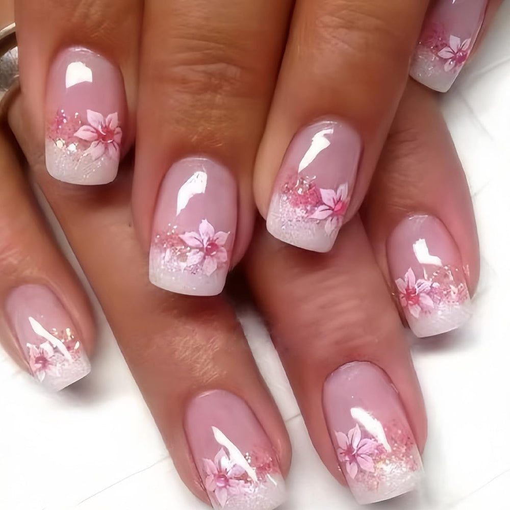 CTTHNBD uñas postizas cuadradas con Francesa y diseño floral para acabado limpio.