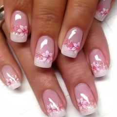 CTTHNBD uñas postizas cuadradas con Francesa y diseño floral para acabado limpio.