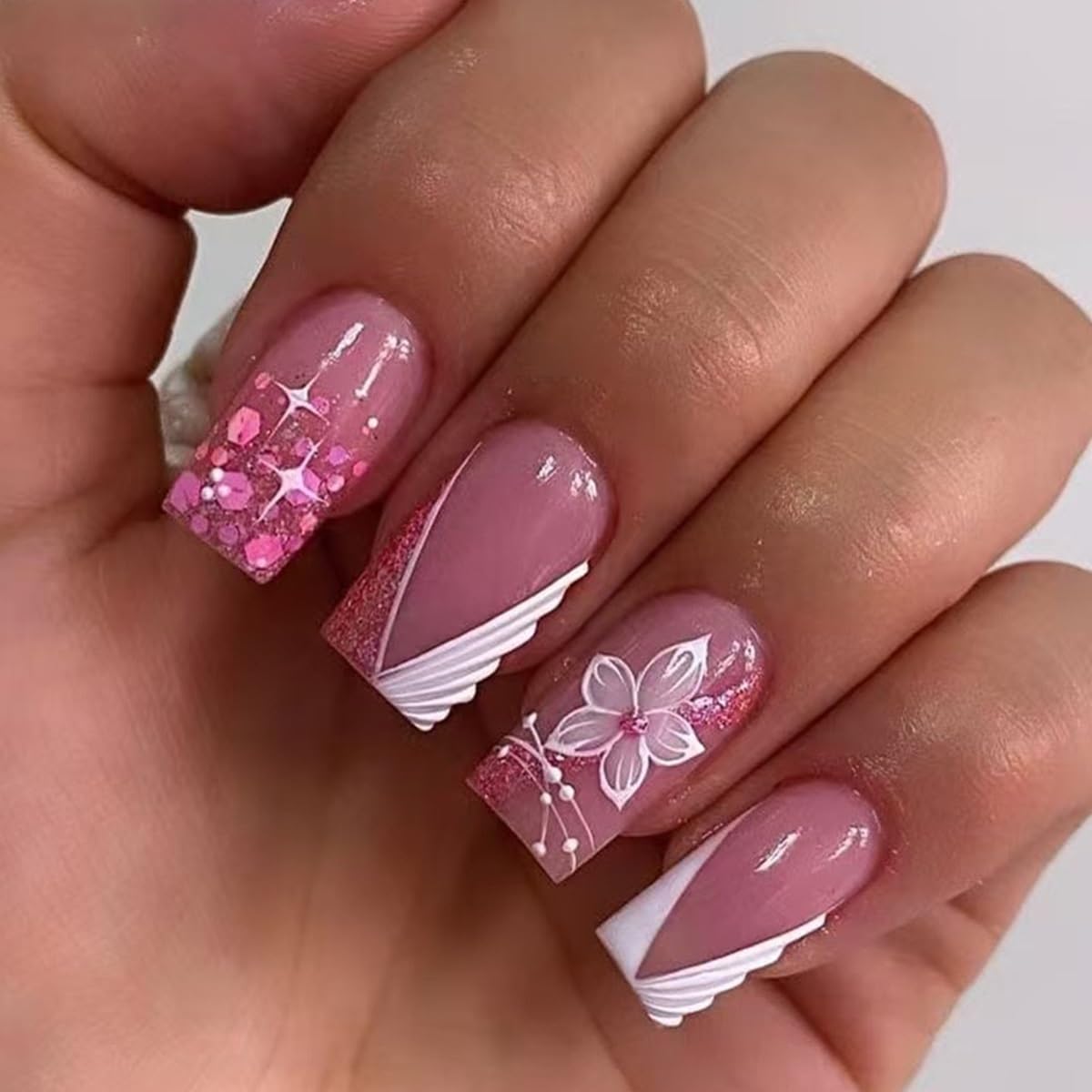 CTTHNBD uñas postizas cuadradas francesas con flor rosa para eventos
