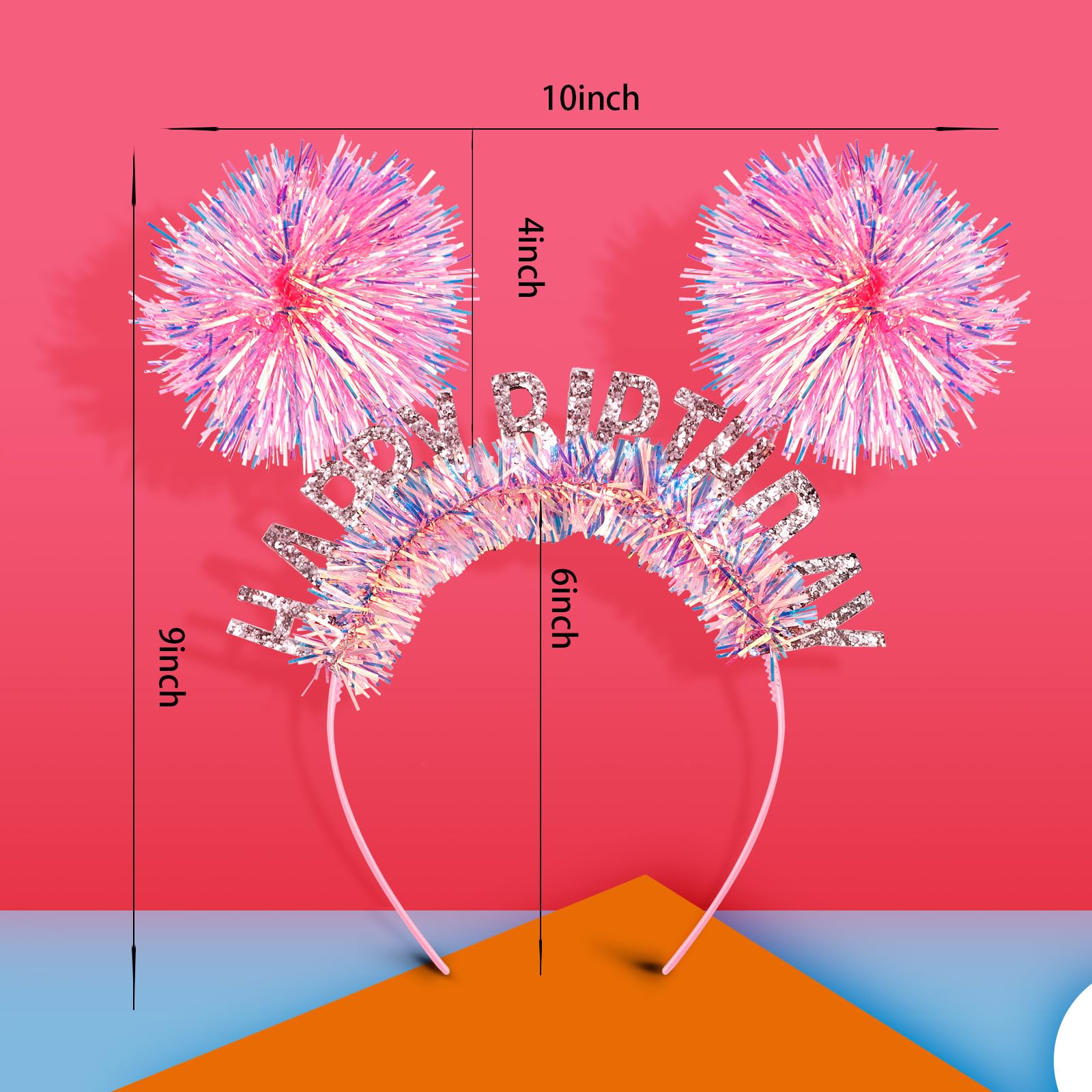 CUBACO diadema de cumpleaños rosa en modelo, ideal para sesiones de fotos.