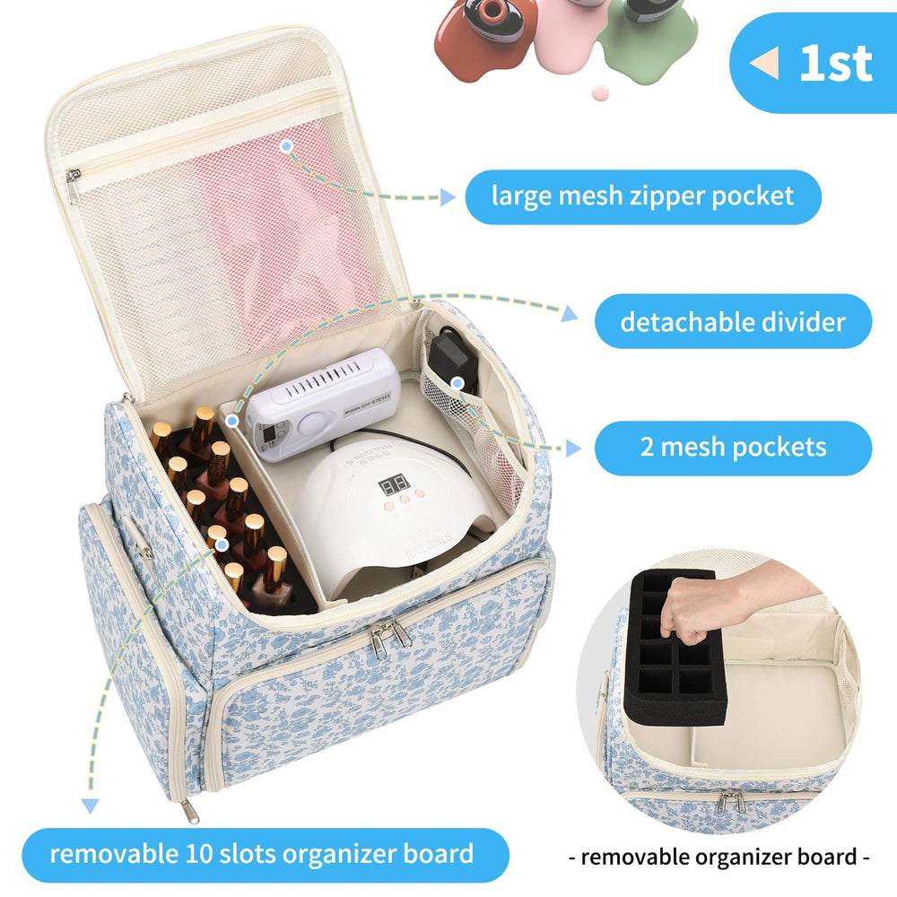Cubetastic blue floral organizer open layout highlights removable pouches.