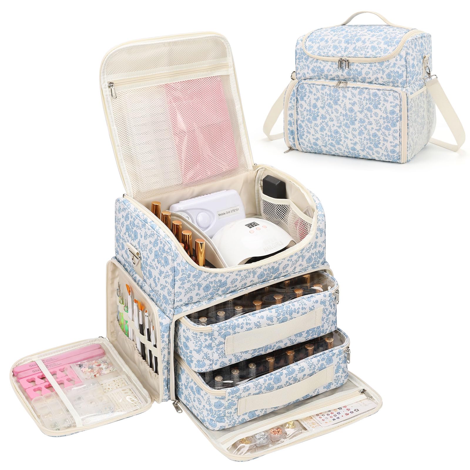 Cubetastic blue floral organizer front view with accessible bottle slots.