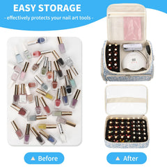 Cubetastic blue floral nail tech case shows protective padding.