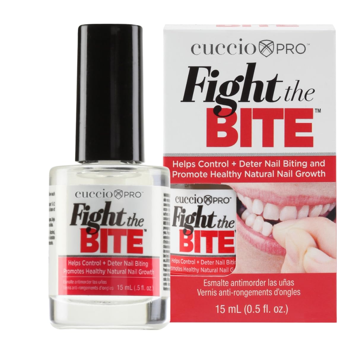 Cuccio Fight The Bite bottle front view highlighting clear finish and bite-deterrent formula.