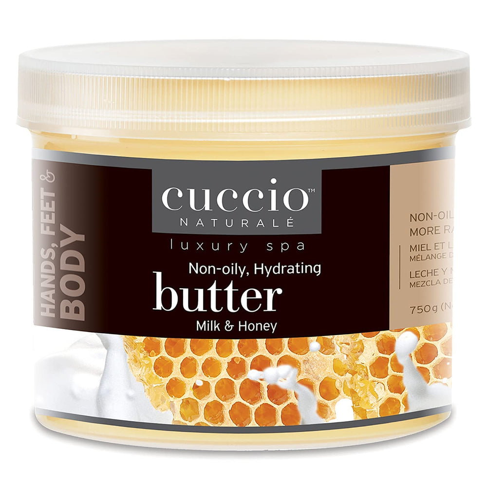 Cuccio Milk and Honey Butter Blend bottle image showing all-day hydration for hands and body