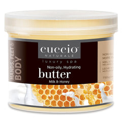 Cuccio Milk and Honey Butter Blend bottle image showing all-day hydration for hands and body