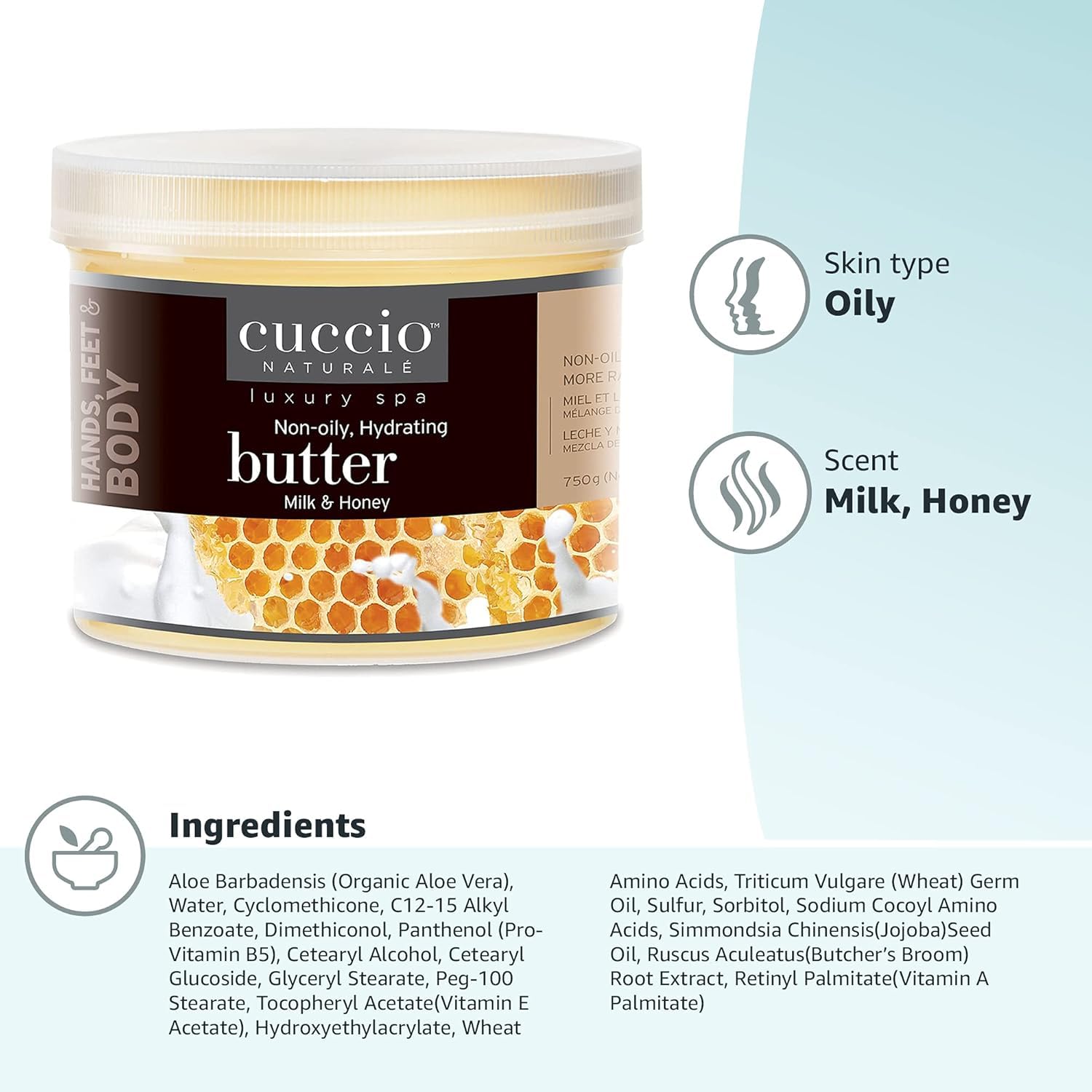 Cuccio Milk and Honey Butter Blend jar close-up reveals creamy texture for quick absorption