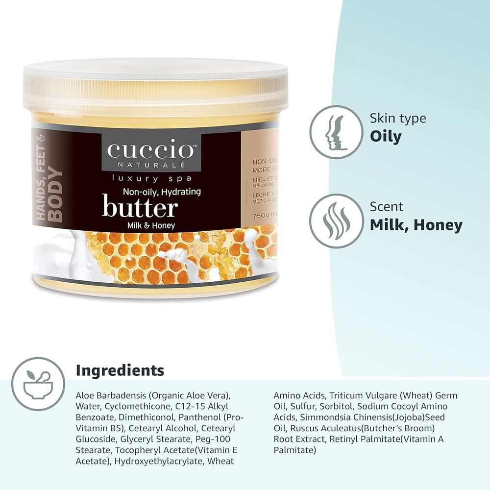 Cuccio Milk and Honey Butter Blend jar close-up reveals creamy texture for quick absorption