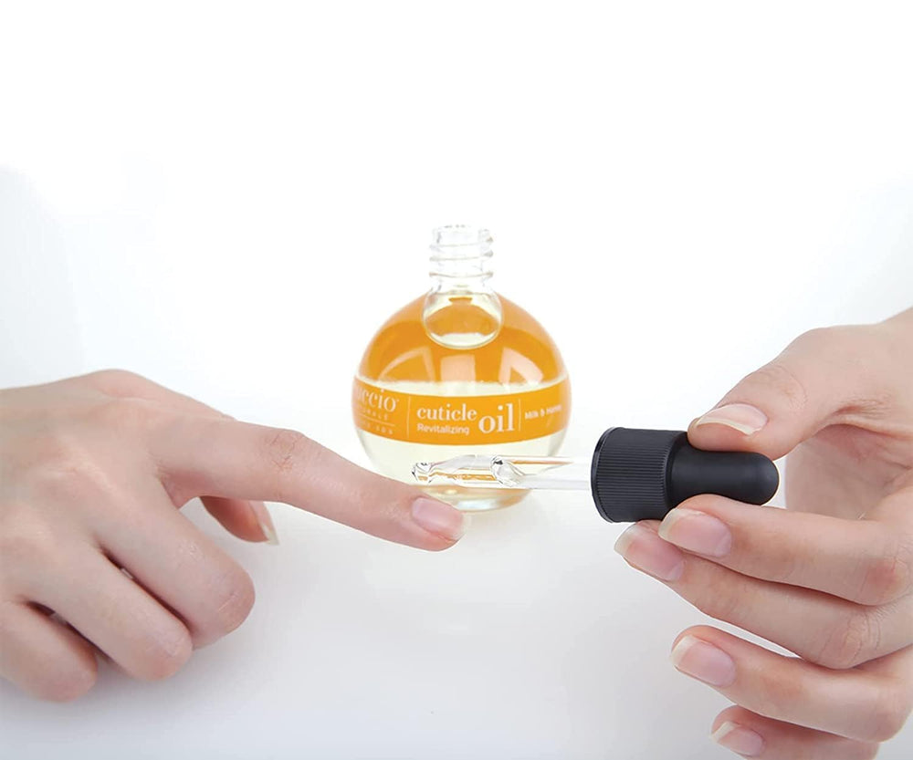 Amber Cuccio Naturale bottle with Milk & Honey branding on a vanity.