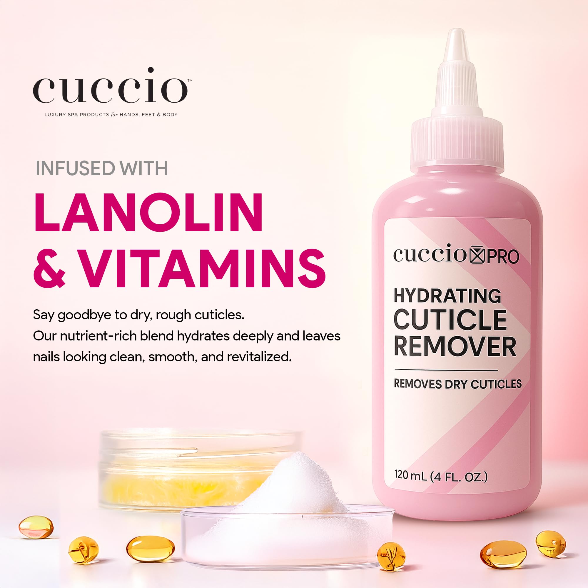 Cuccio Pro Cuticle Remover drops applied to cuticles for fast action.