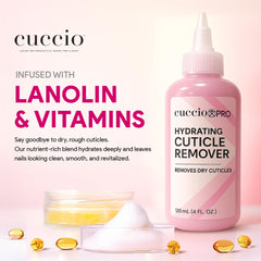Cuccio Pro Cuticle Remover drops applied to cuticles for fast action.