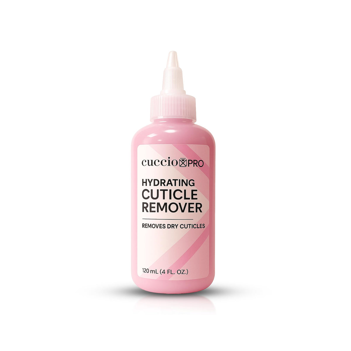 Cuccio Pro Hydrating Cuticle Remover bottle softens cuticles quickly for easy maintenance.