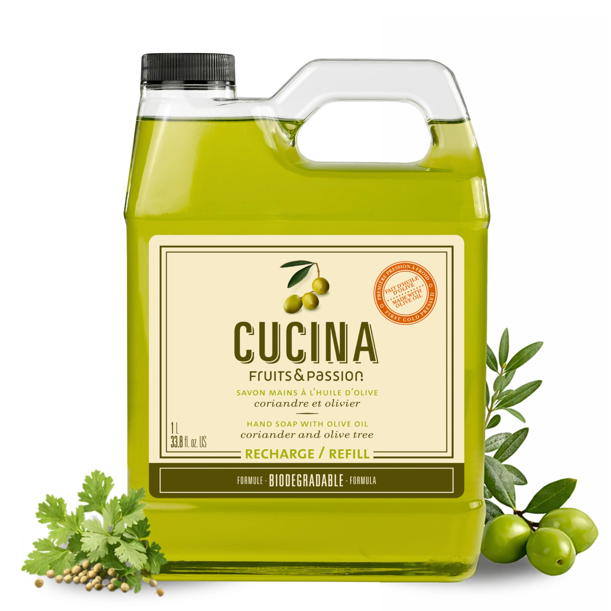 Cucina Fruits & Passion Purifying Hand Wash refill bottle with coriander-olive scent for kitchen use.