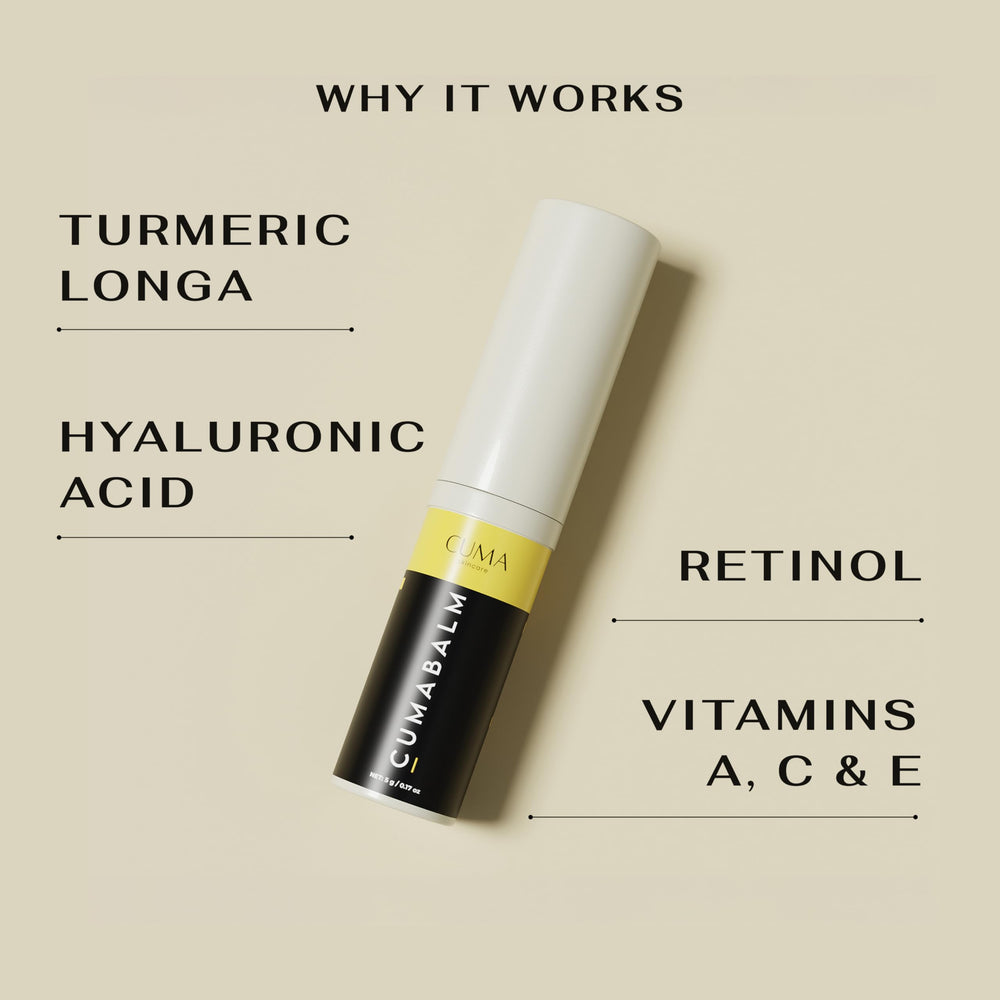 CumaBalm hyaluronic acid hydrates delicate skin around the eyes.