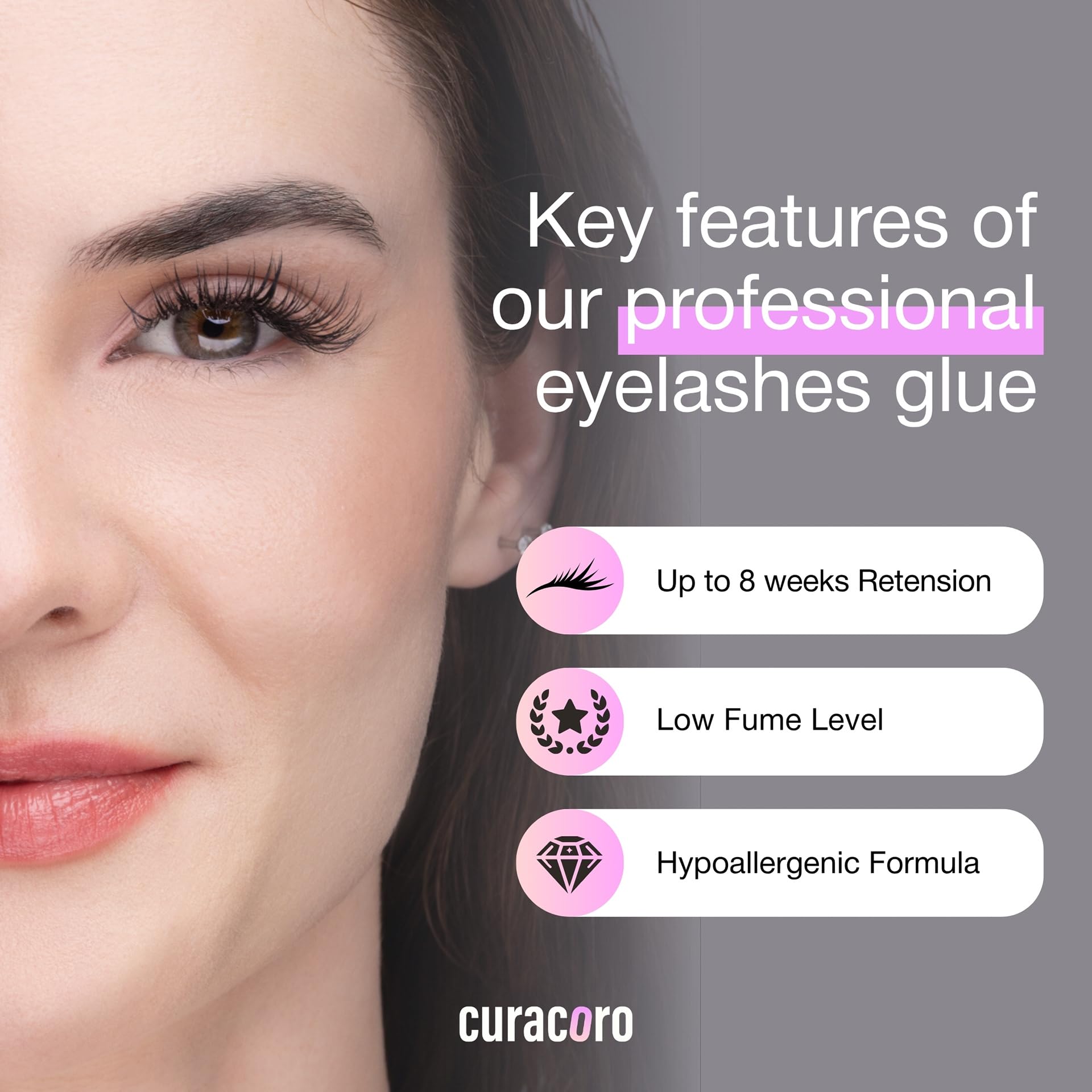 CURACORO glue dry-time image emphasizes ultra-fast 0.5–1 sec adhesion.