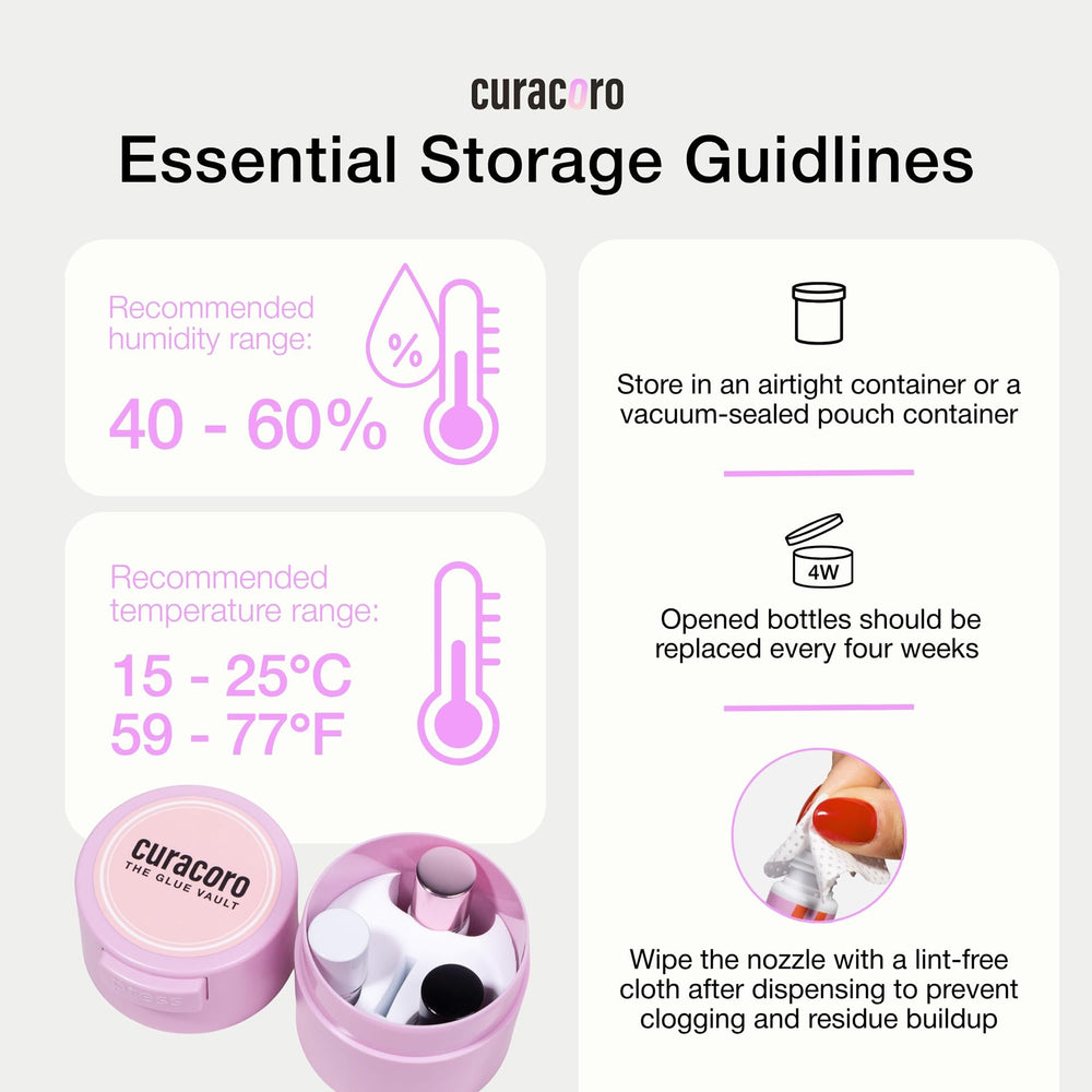 CURACORO glue label highlights latex-free and formaldehyde-free ingredients.