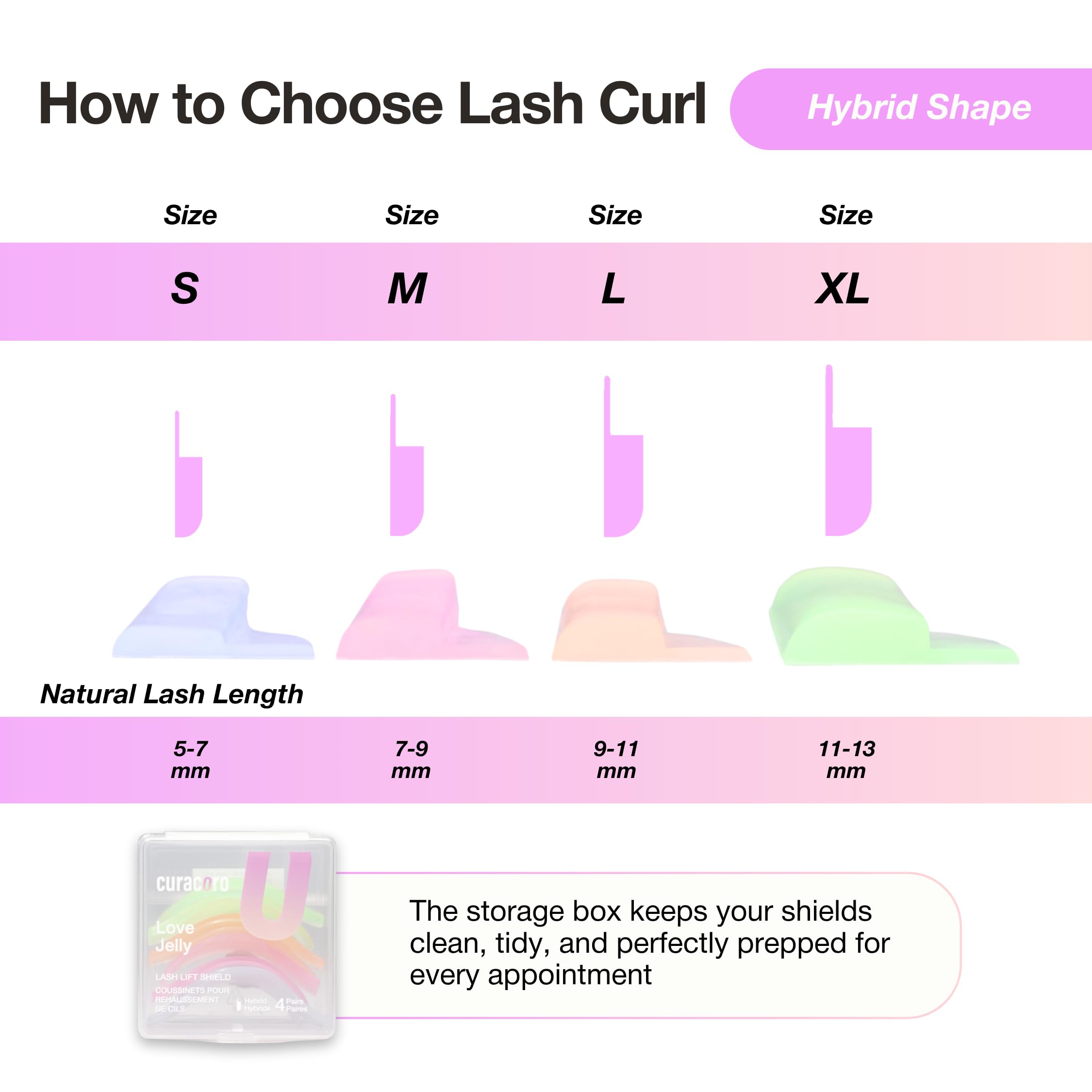 Curacoro lash lift rods with universal hybrid shape for balanced curls